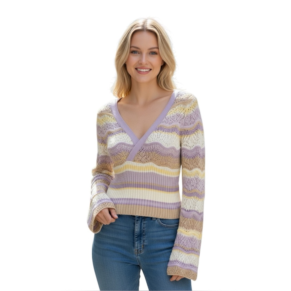 Kimchi Blue Rosario Pointelle Sweater Womens S Colorful Striped Pastel Pullover